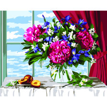 Картина по номерам на холсте ТРИ СОВЫ "Пионы и персики", 40*50, с акриловыми красками и кистями