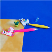 Ручка шариковая с большим топпером "Лама и кактус" синяя, лама, ассорти, прорезиненный корпус