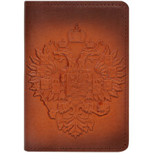 Обложка для паспорта Кожевенная мануфактура "Орел Российской Империи", светло-коричневый, в деревянной упаковке