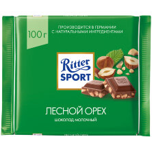 Шоколад Ritter Sport, молочный, с дробленым лесным орехом, 100г